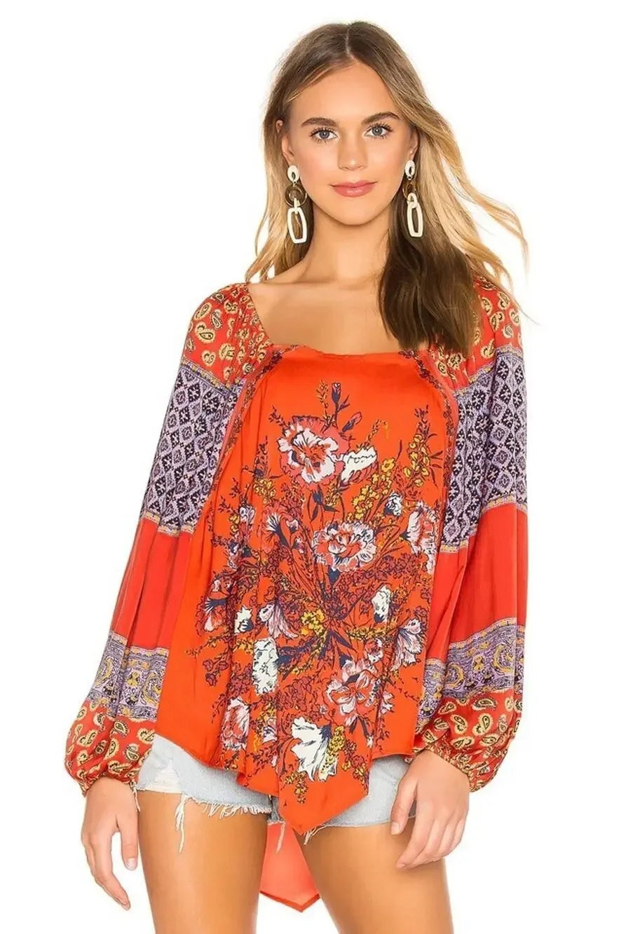 Free People Positano Womens Small Cherry Floral Boho Blouse Balloon Sleeve NWT